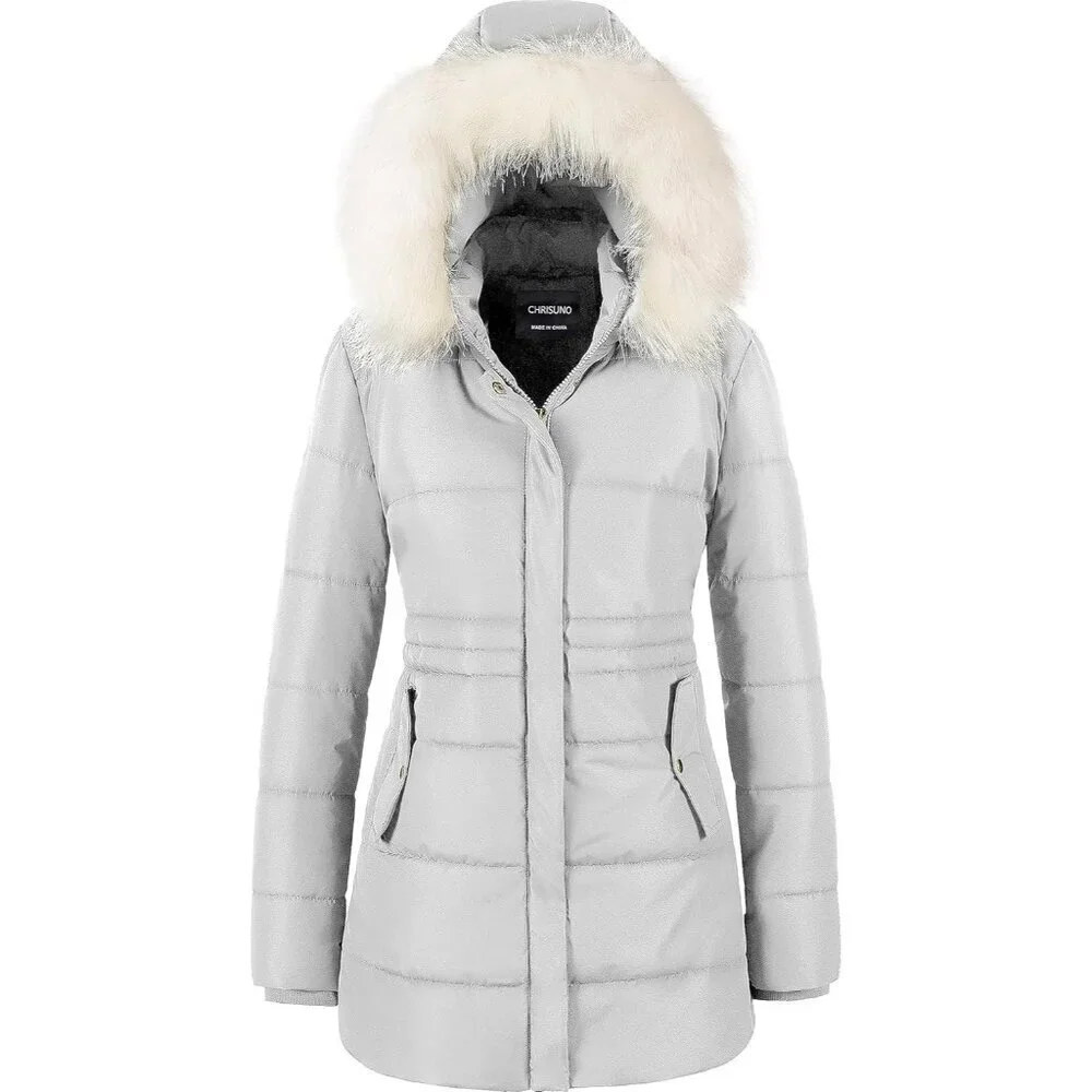 Women's Light Grey Winter Warm Long Drawstring Waterproof Snow Puffer Jacket